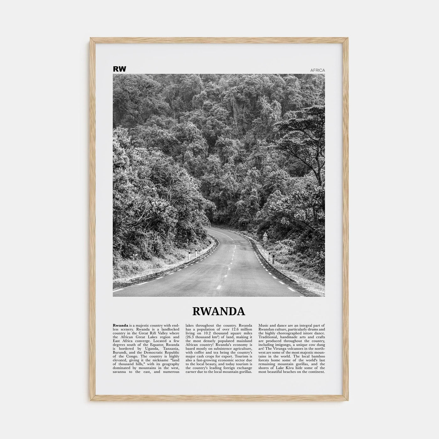 Rwanda Poster Natural Wood / 8x12 in Nbourhood Travel B&W Poster