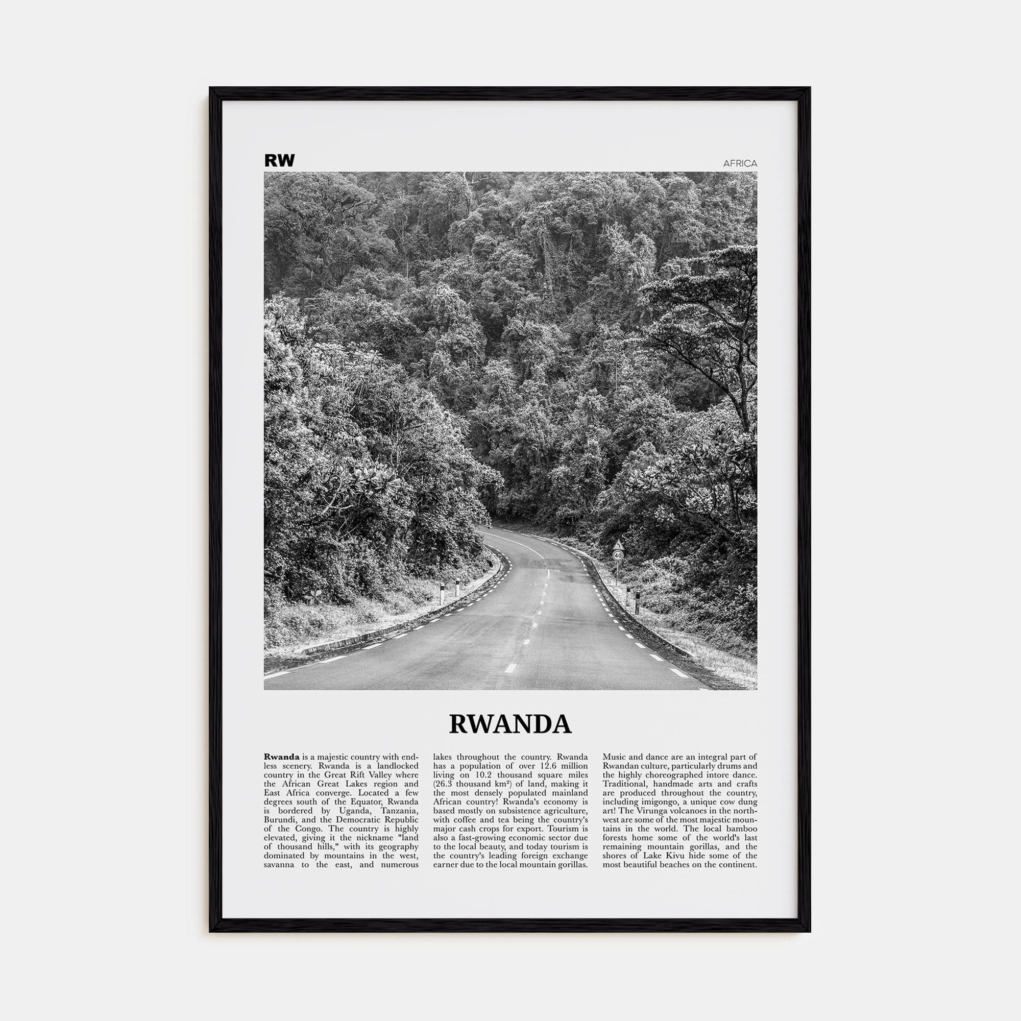 Rwanda Poster Black Wood / 8x12 in Nbourhood Travel B&W Poster