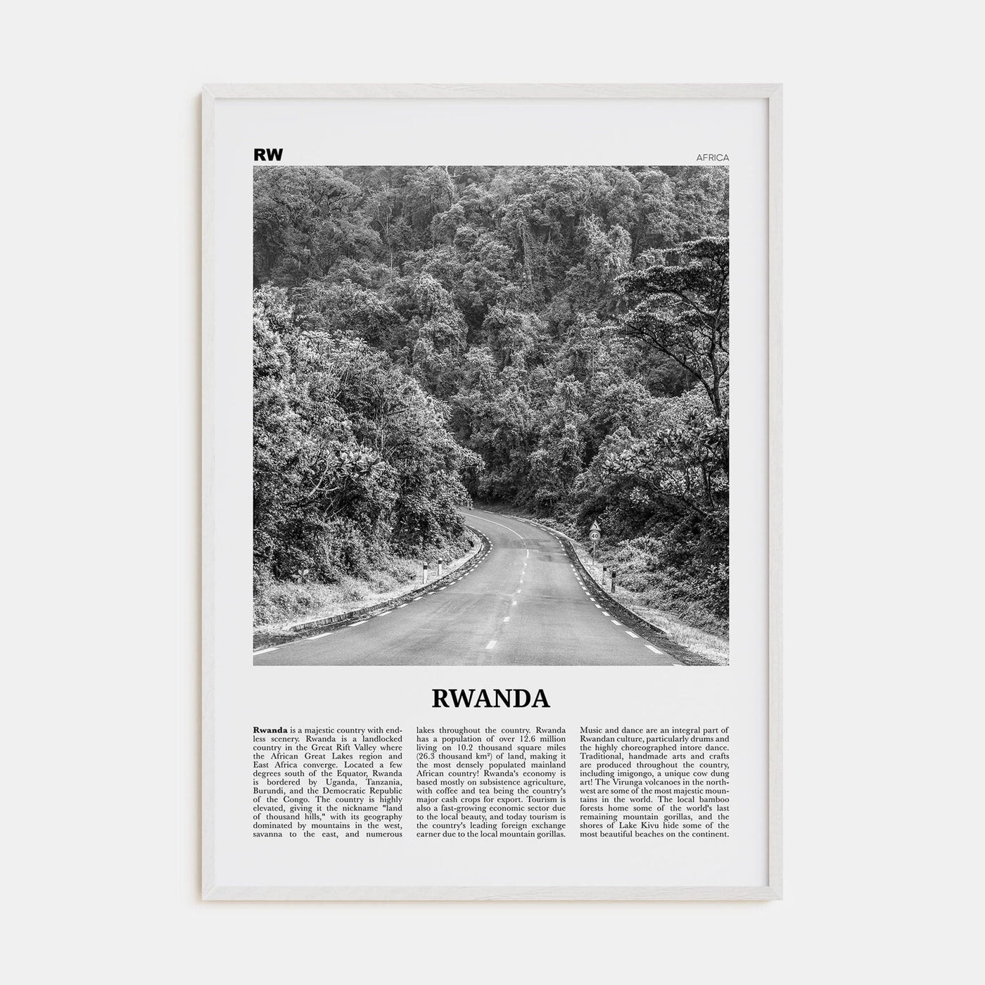 Rwanda Poster White Wood / 8x12 in Nbourhood Travel B&W Poster