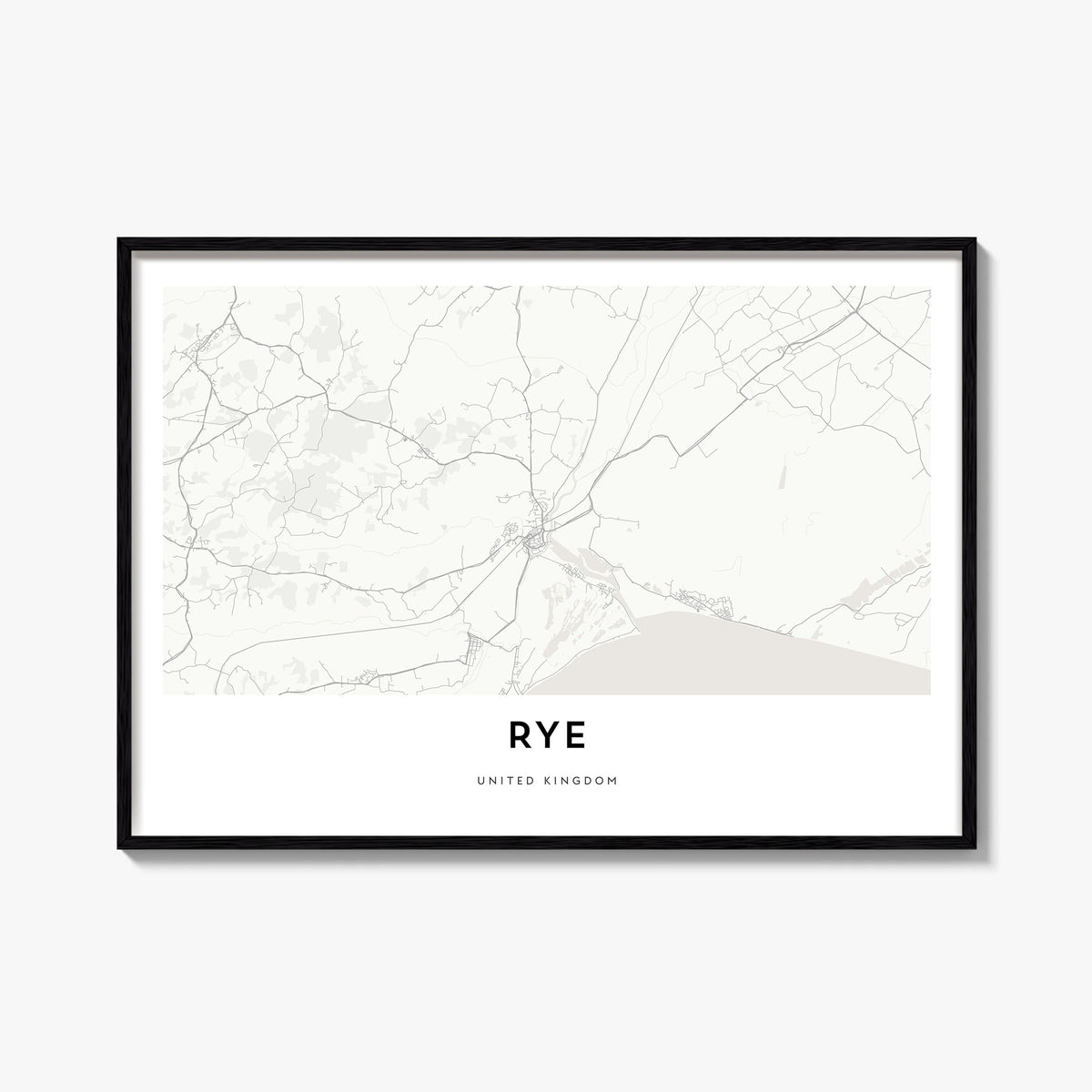 Rye black & white map poster of New York, USA – horizontal wall art, unframed print shown in interior mockup