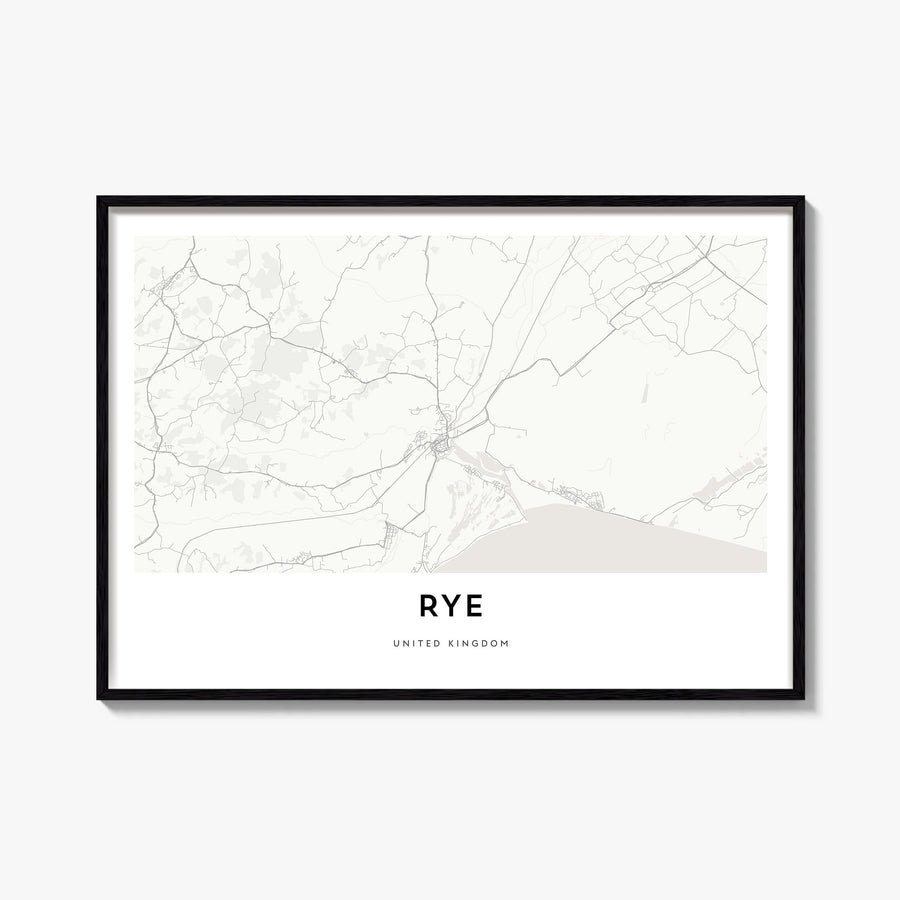 Rye black & white map poster of New York, USA – horizontal wall art, unframed print shown in interior mockup