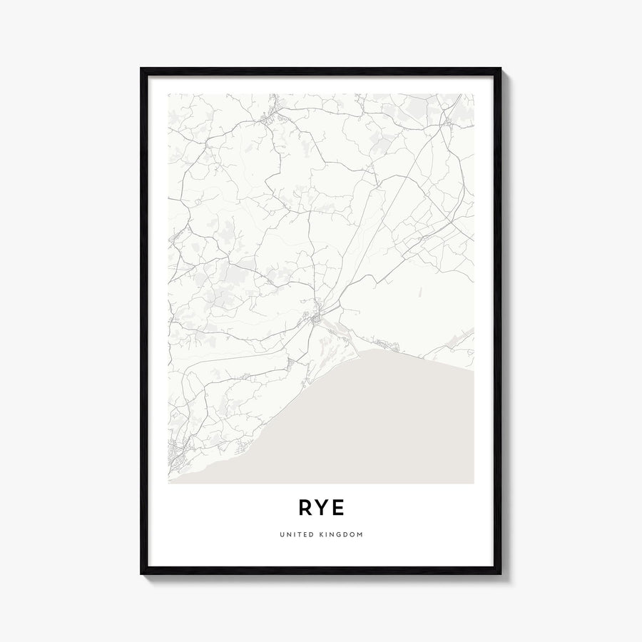 Rye black & white map poster of New York, USA – vertical wall art, unframed print shown in interior mockup