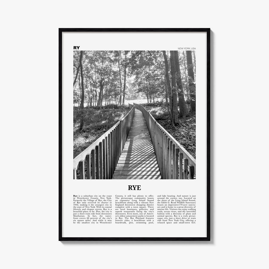 Rye black & white newspaper poster of New York, USA – vertical wall art, unframed print shown in interior mockup
