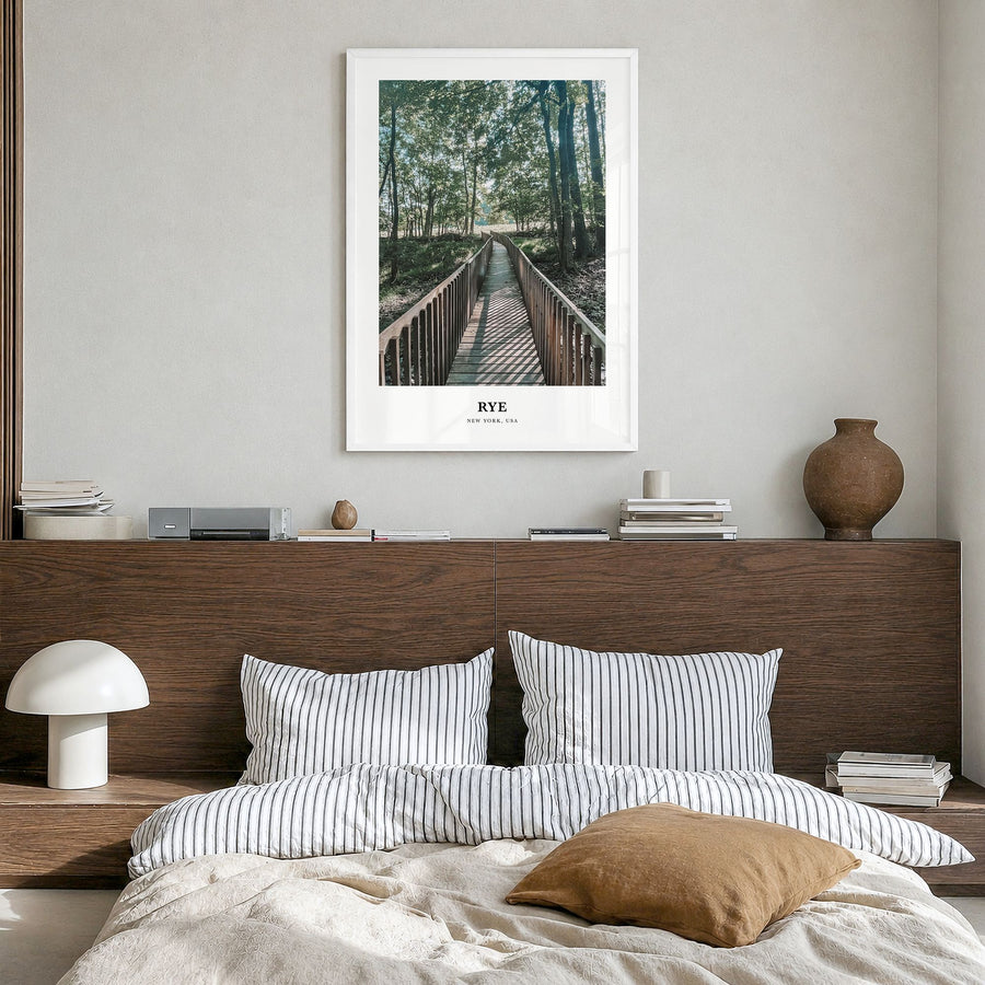 Rye Classic Poster in a white wood frame, hanging in a bedroom