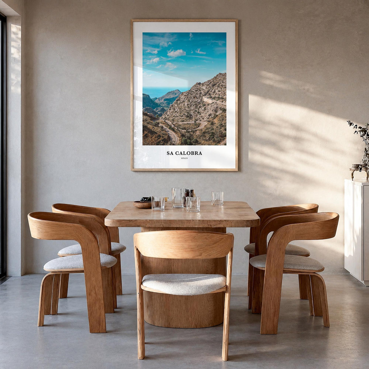 Sa Calobra colorful classic poster of Spain – vertical wall art in natural wood frame, hanging on wall