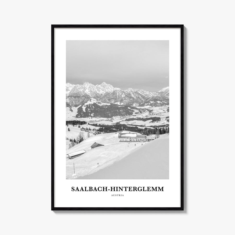 Saalbach-Hinterglemm black & white classic poster of Austria – vertical wall art, unframed print shown in interior mockup