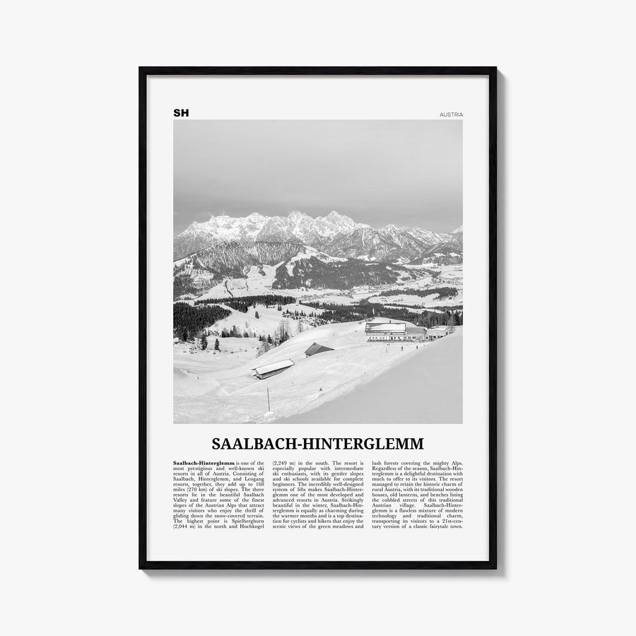Saalbach-Hinterglemm black & white newspaper poster of Austria – vertical wall art, unframed print shown in interior mockup