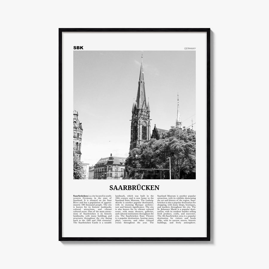 Saarbrücken black & white newspaper poster of Germany – vertical wall art, unframed print shown in interior mockup
