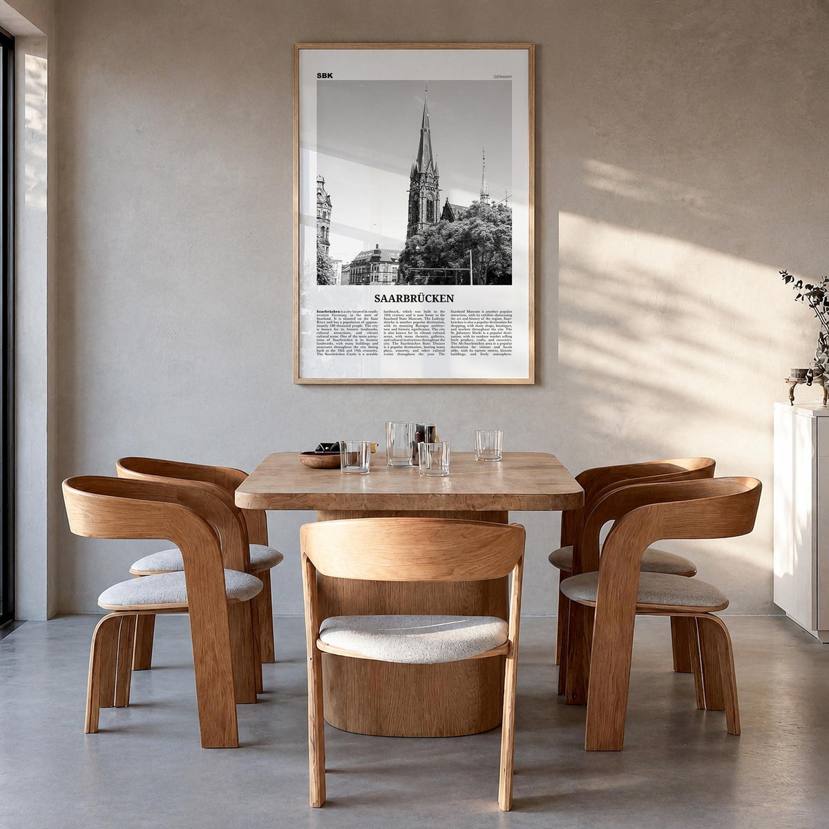Saarbrücken black & white newspaper poster of Germany – vertical wall art in natural wood frame, hanging on wall