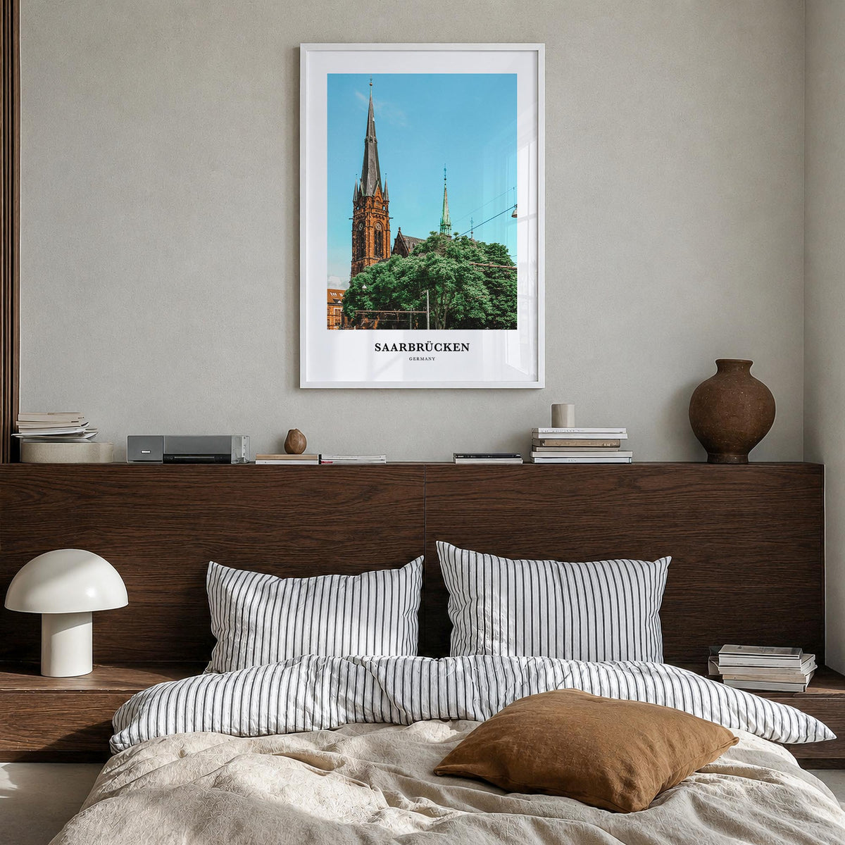 Saarbrücken colorful classic poster of Germany – vertical wall art in white wood frame, hanging on wall