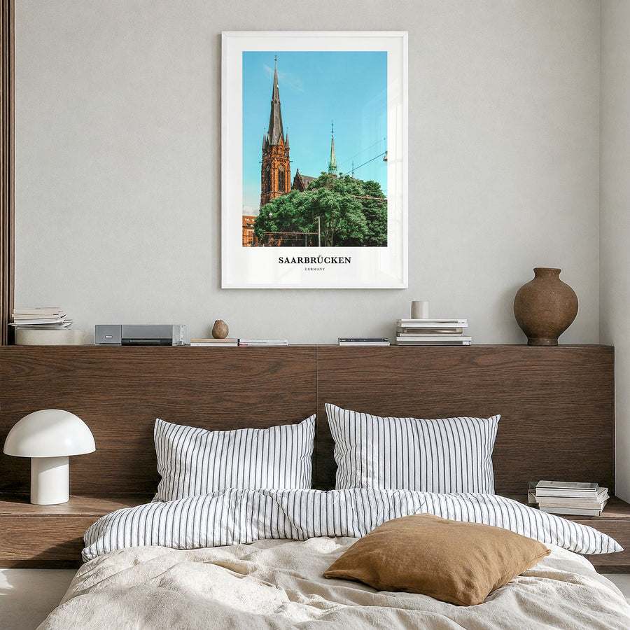 Saarbrücken Classic Poster in a white wood frame, hanging in a bedroom