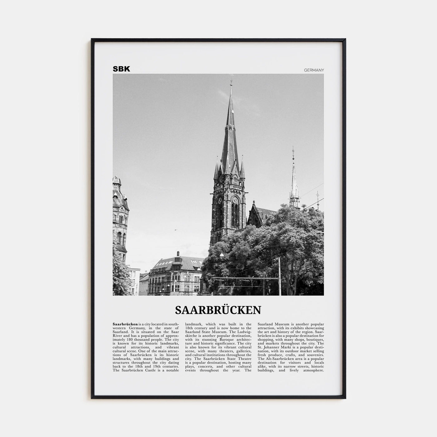 Saarbrücken Poster Black Metal / 8x12 in Nbourhood Travel B&W Poster