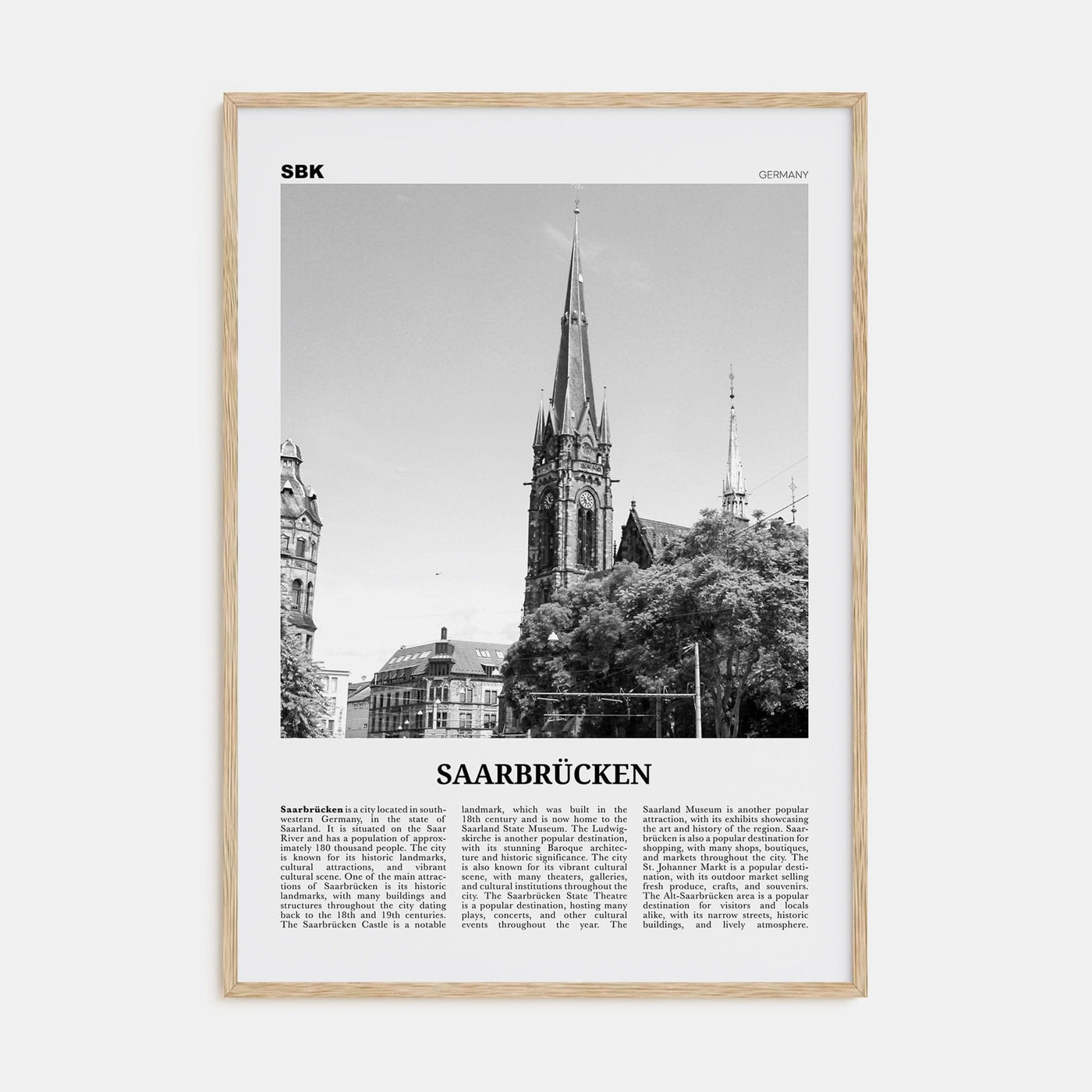 Saarbrücken Poster Natural Wood / 8x12 in Nbourhood Travel B&W Poster