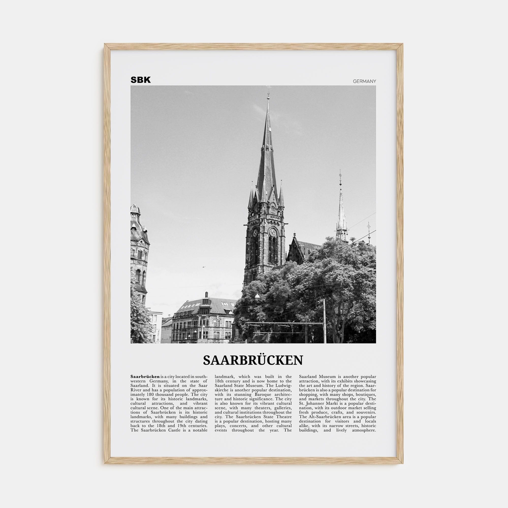 Saarbrücken Poster Natural Wood / 8x12 in Nbourhood Travel B&W Poster