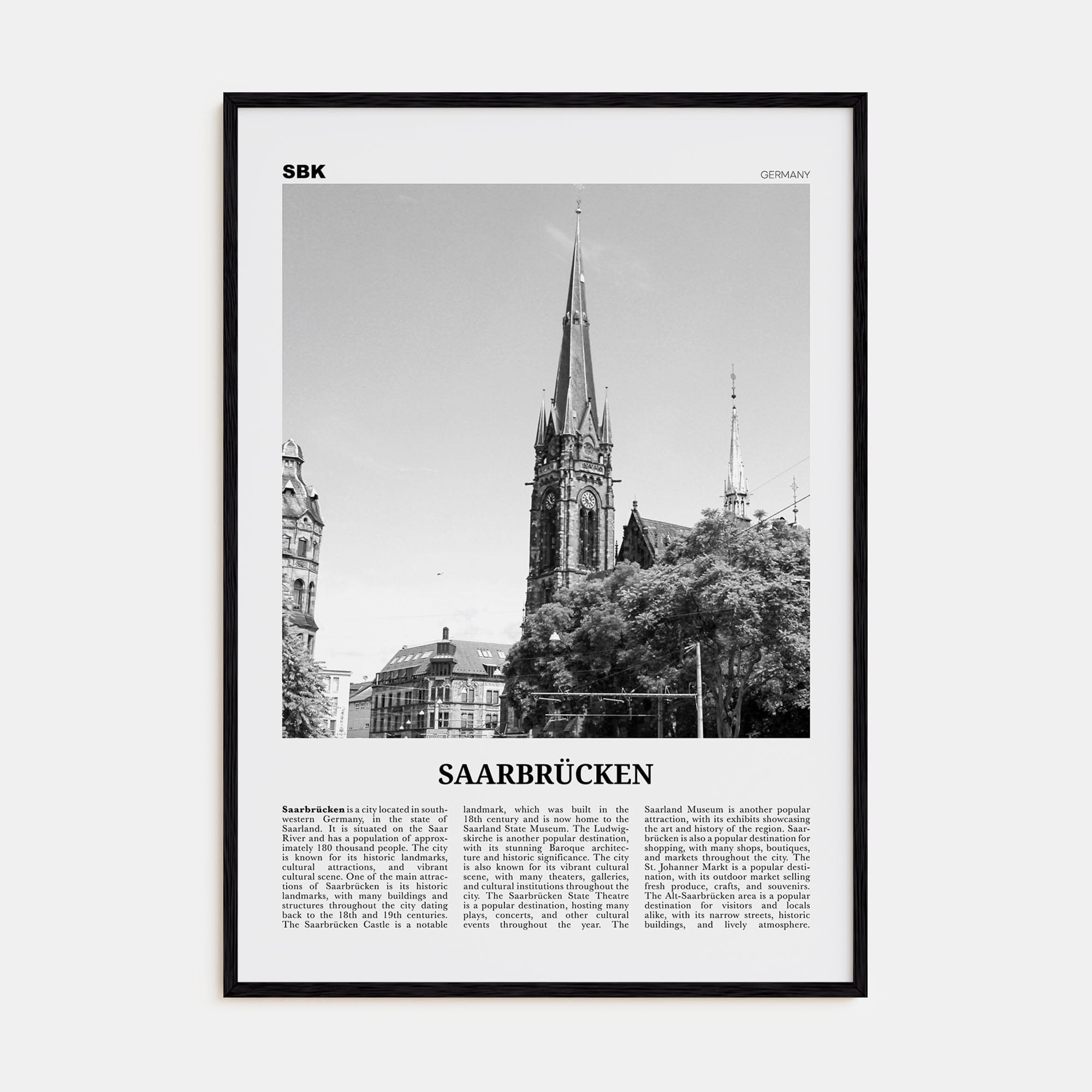 Saarbrücken Poster Black Wood / 8x12 in Nbourhood Travel B&W Poster