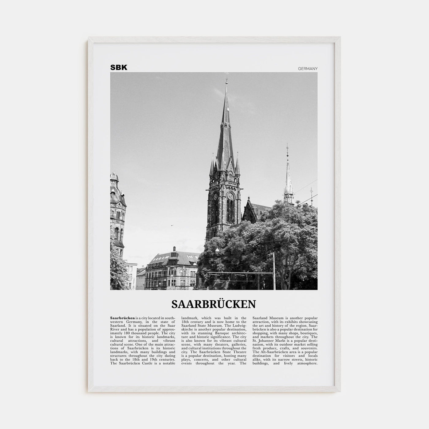 Saarbrücken Poster White Wood / 8x12 in Nbourhood Travel B&W Poster