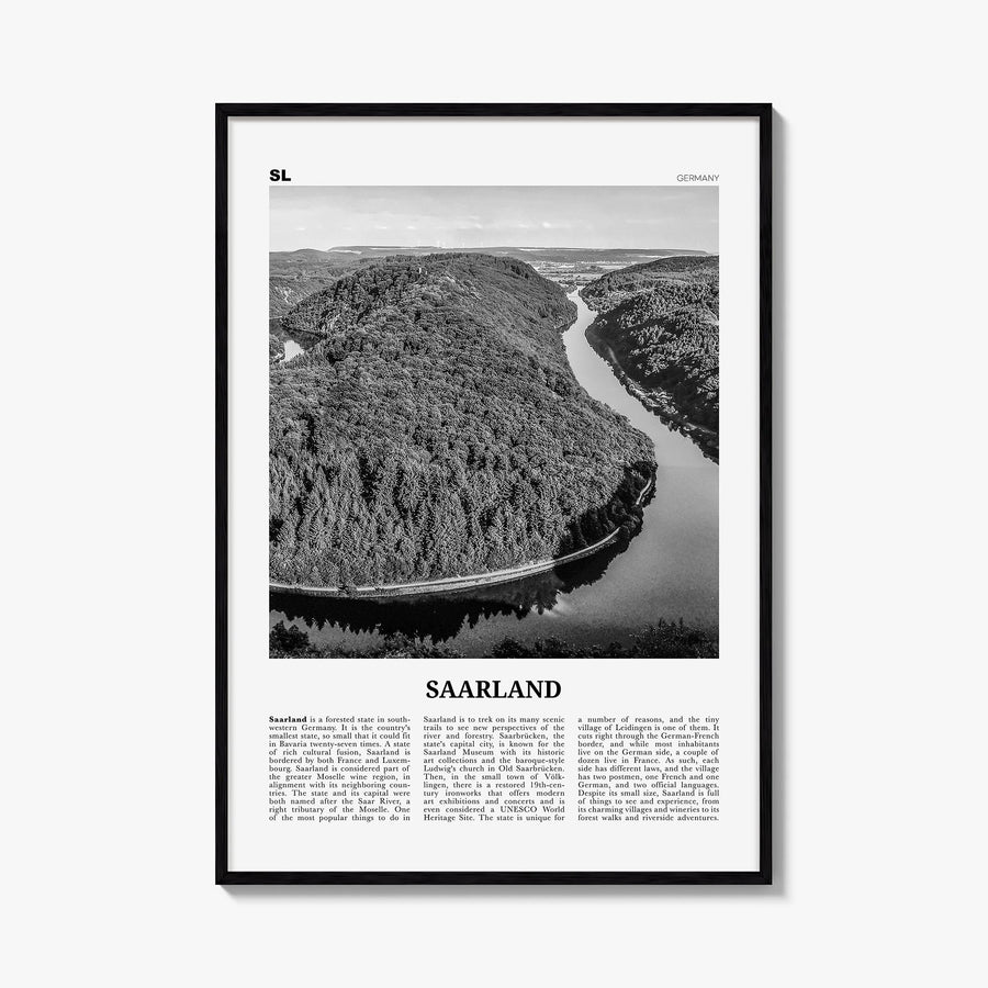 Saarland black & white newspaper poster of Germany – vertical wall art, unframed print shown in interior mockup