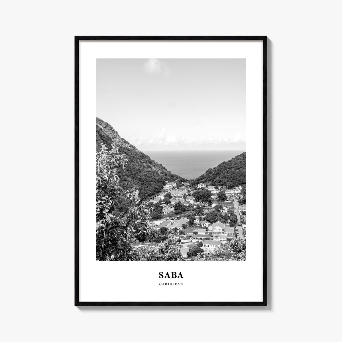 Saba black & white classic poster of Honduras – vertical wall art, unframed print shown in interior mockup
