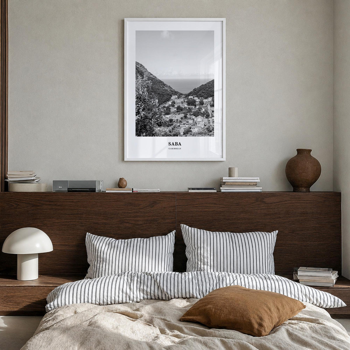 Saba black & white classic poster of Honduras – vertical wall art in white wood frame, hanging on wall
