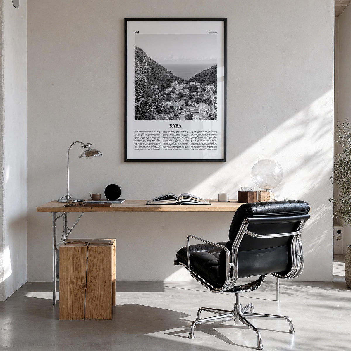 Saba black & white newspaper poster of Honduras – vertical wall art in black wood frame, hanging on wall