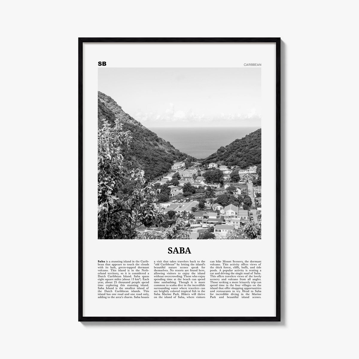 Saba black & white newspaper poster of Honduras – vertical wall art, unframed print shown in interior mockup