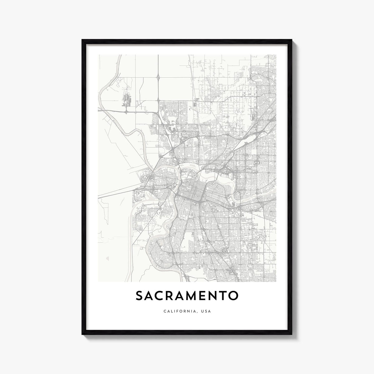 Sacramento black & white map poster of California, USA – vertical wall art, unframed print shown in interior mockup