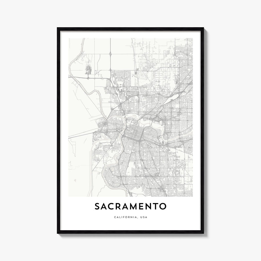Sacramento black & white map poster of California, USA – vertical wall art, unframed print shown in interior mockup