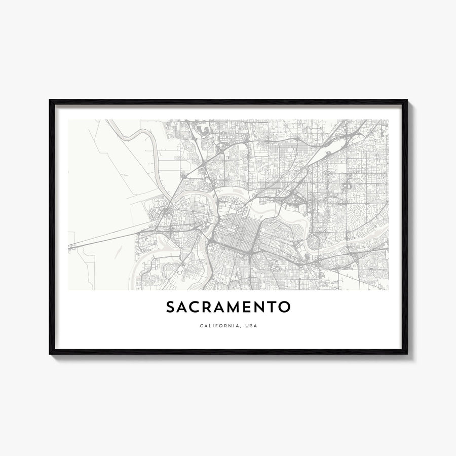 Sacramento black & white map poster of California, USA – horizontal wall art, unframed print shown in interior mockup