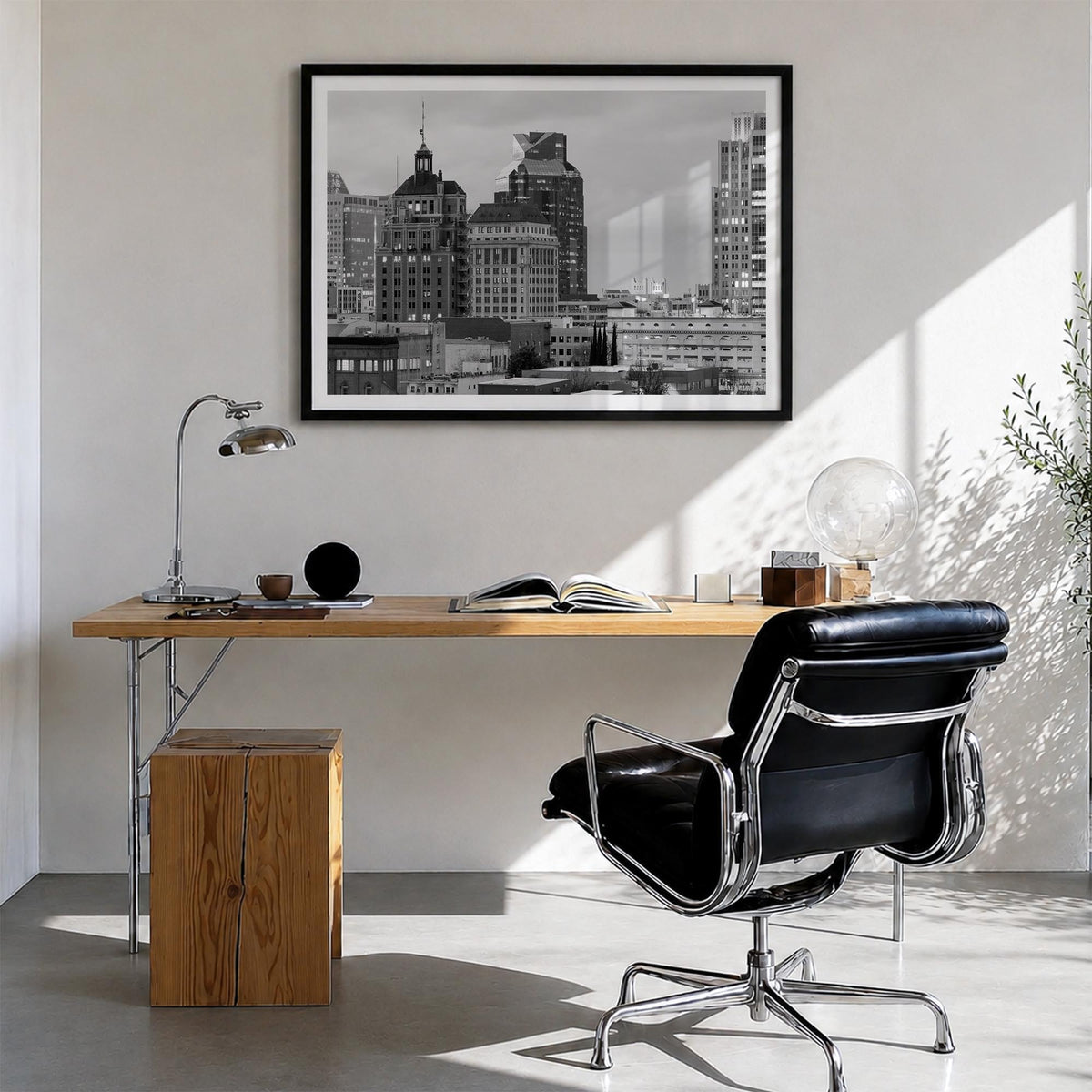 Sacramento black & white photo poster of California, USA – horizontal wall art in black wood frame with white border, hanging