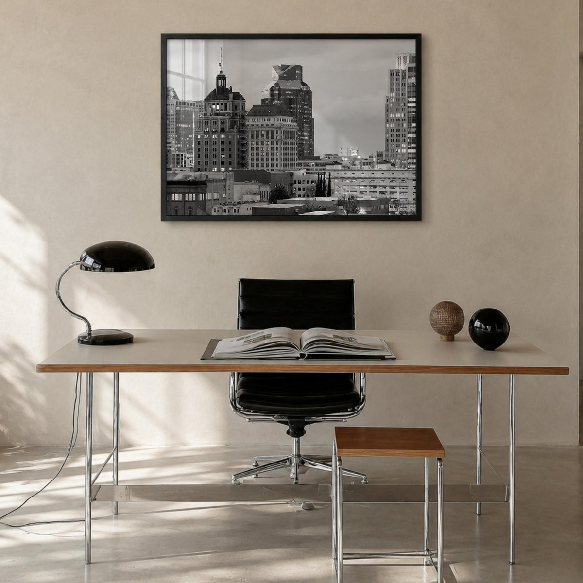 Sacramento black & white photo poster of California, USA – horizontal wall art in black wood frame, hanging on wall