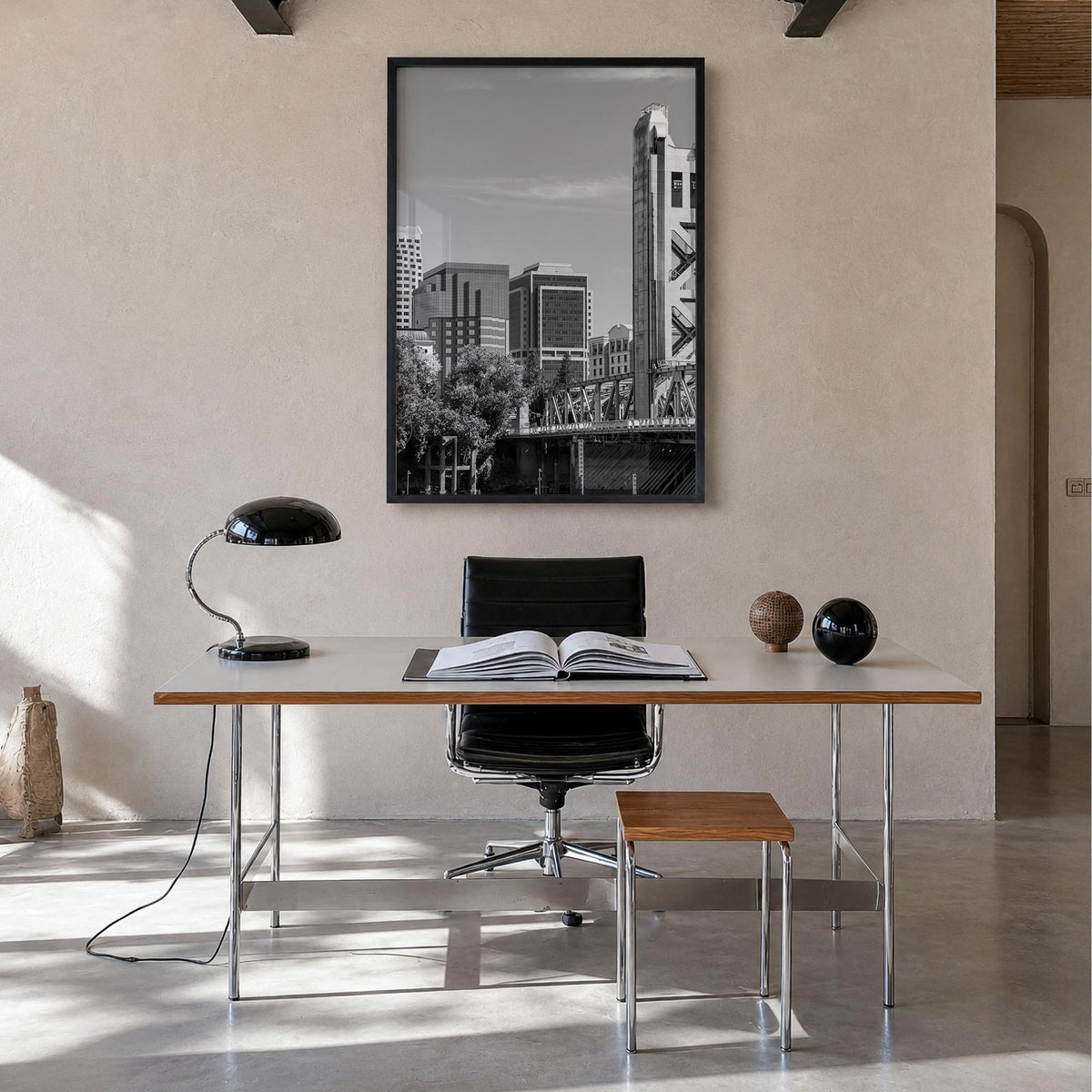 Sacramento black & white photo poster of California, USA – vertical wall art in black wood frame, hanging on wall