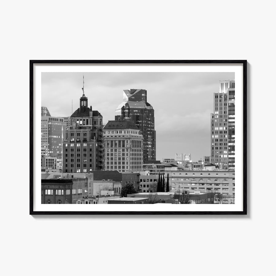Sacramento black & white photo poster of California, USA – horizontal wall art, unframed print shown in interior mockup
