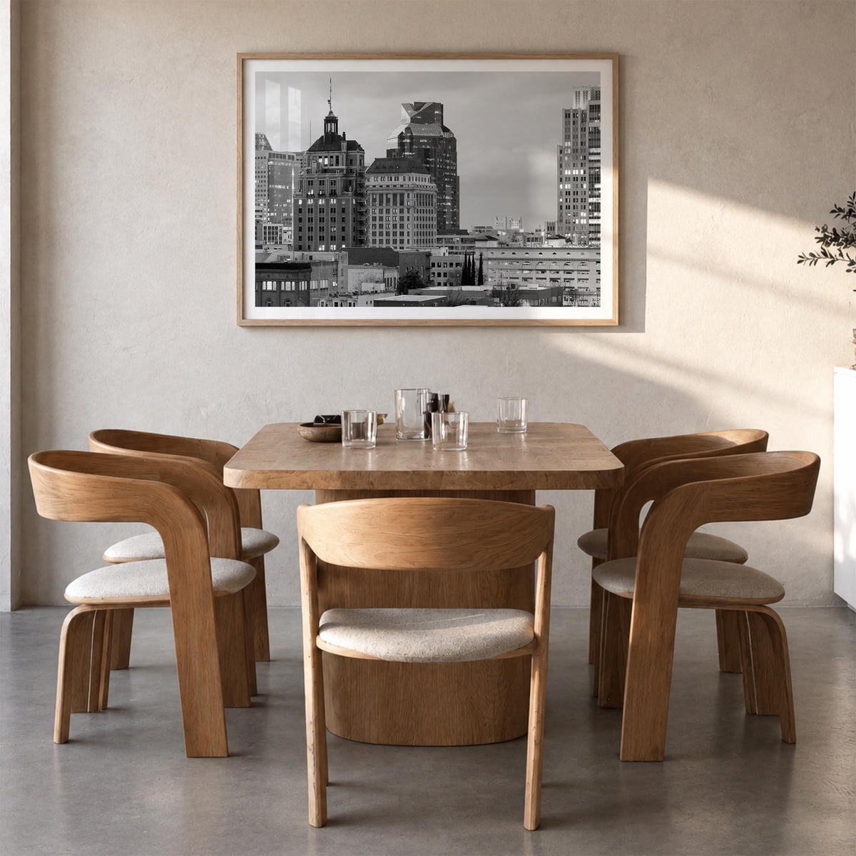 Sacramento black & white photo poster of California, USA – horizontal wall art in natural wood frame with white border, hangi