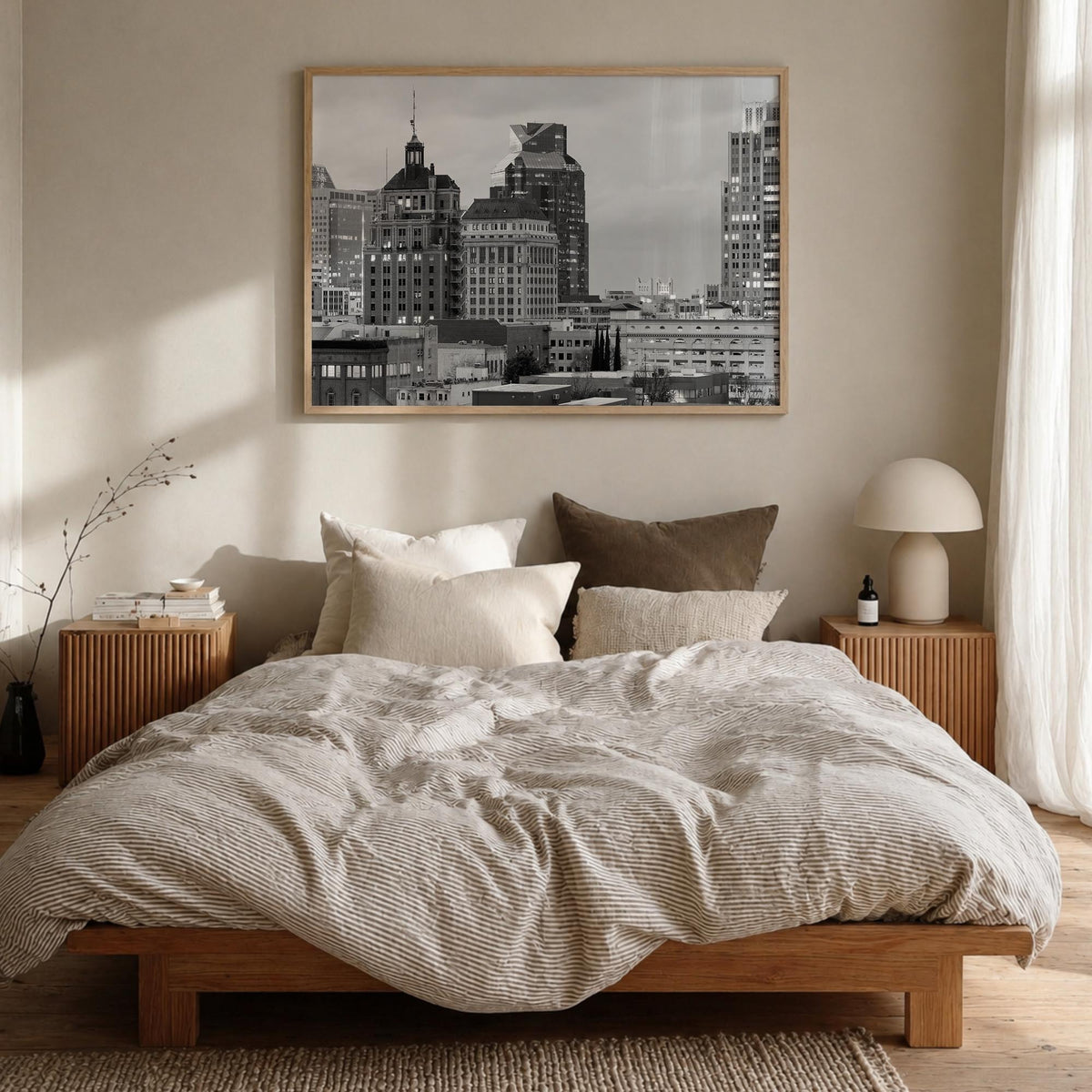 Sacramento black & white photo poster of California, USA – horizontal wall art in natural wood frame, hanging on wall