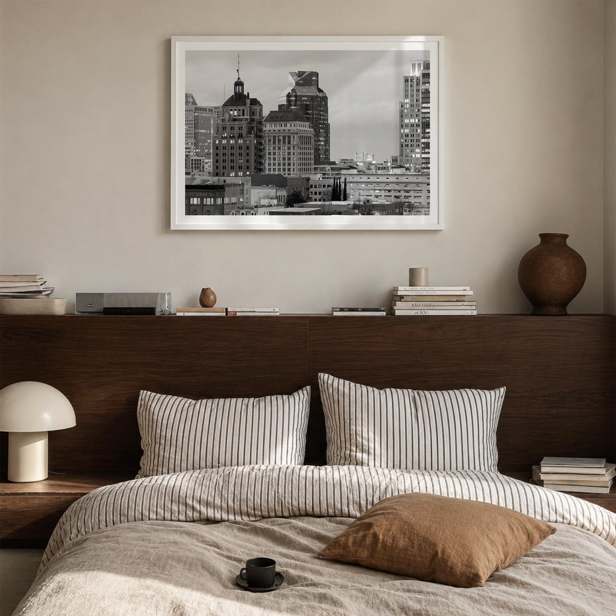 Sacramento black & white photo poster of California, USA – horizontal wall art in white wood frame with white border, hanging