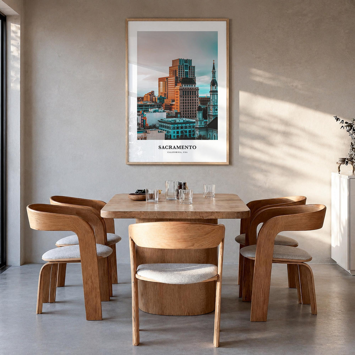Sacramento colorful classic poster of California, USA – vertical wall art in natural wood frame, hanging on wall