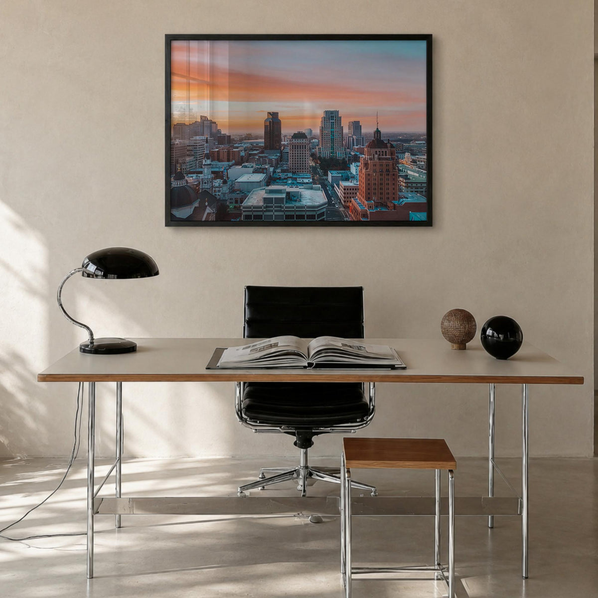 Sacramento colorful photo poster of California, USA – horizontal wall art in black wood frame, hanging on wall