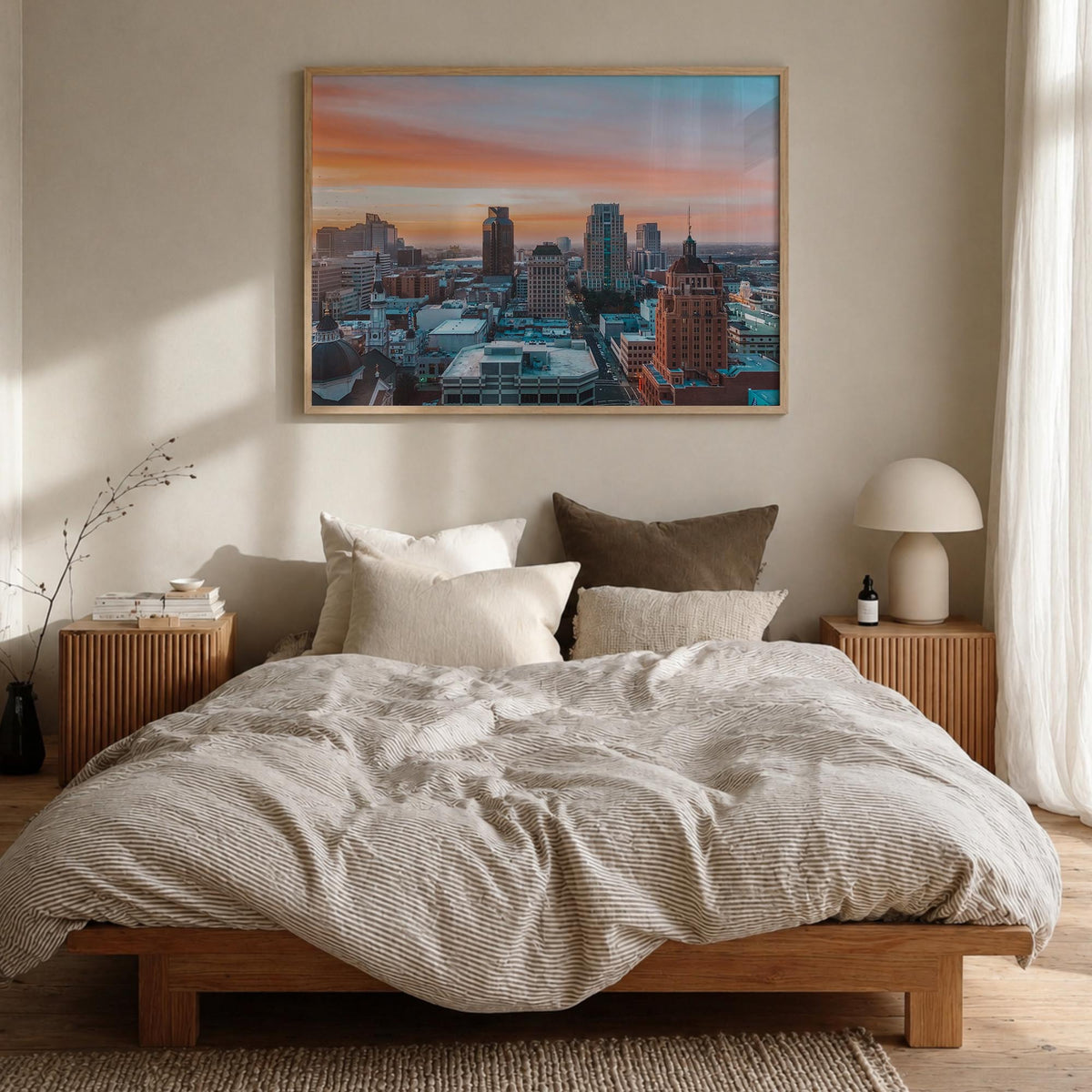 Sacramento colorful photo poster of California, USA – horizontal wall art in natural wood frame, hanging on wall