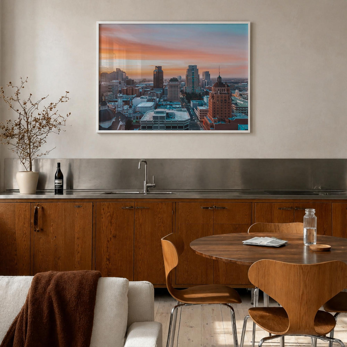 Sacramento colorful photo poster of California, USA – horizontal wall art in white wood frame, hanging on wall