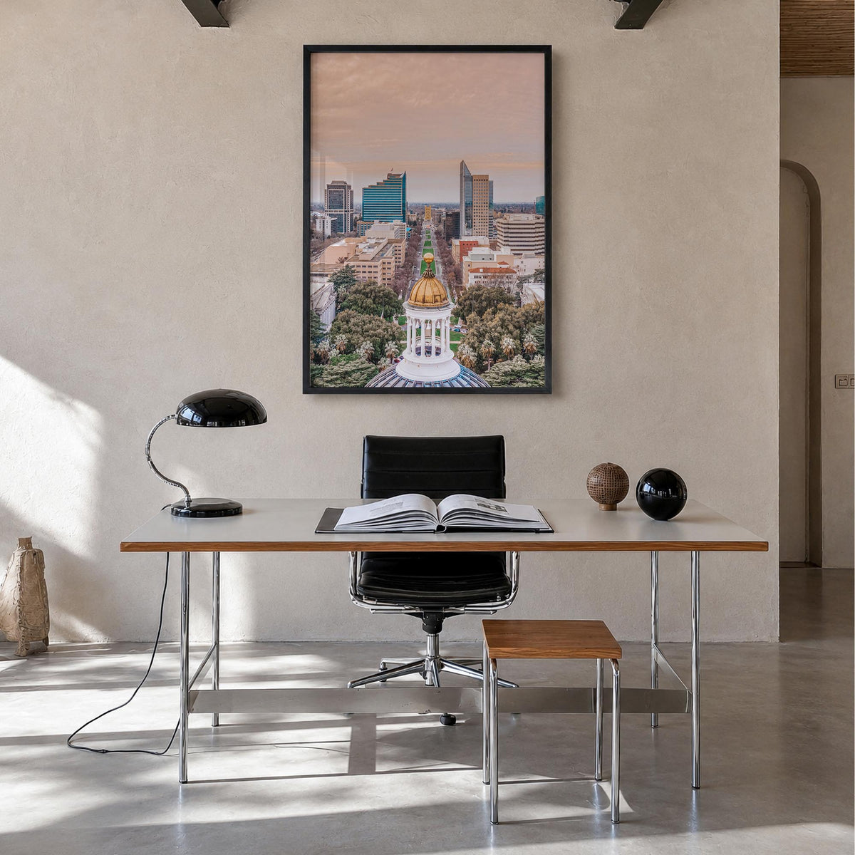 Sacramento no. 1 colorful photo poster of California, USA – vertical wall art in black wood frame, hanging on wall
