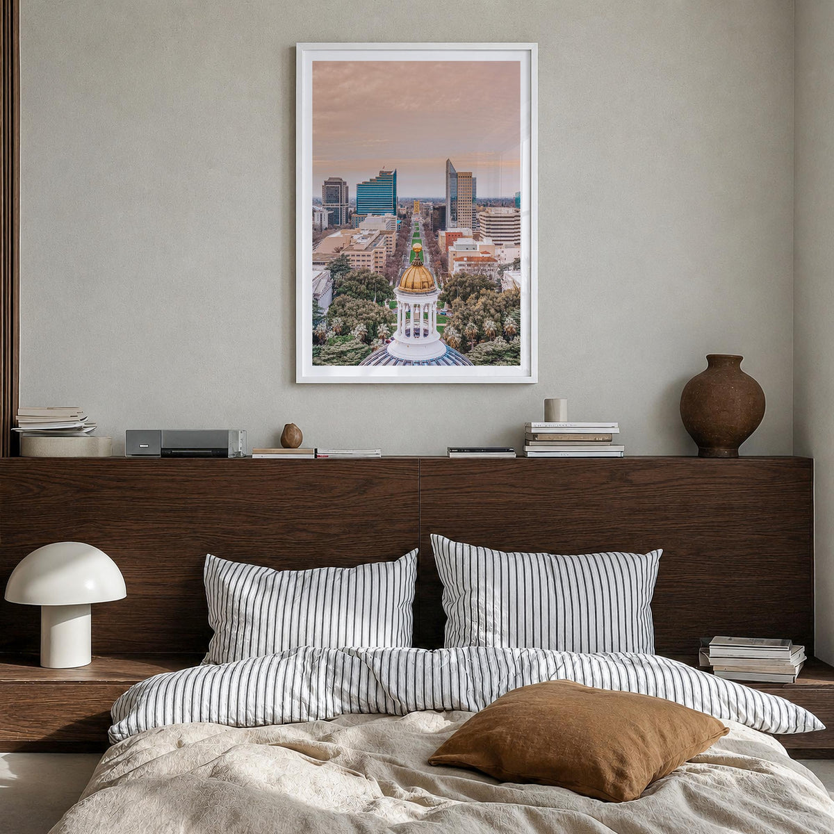 Sacramento no. 1 colorful photo poster of California, USA – vertical wall art in white wood frame with white border, hanging 