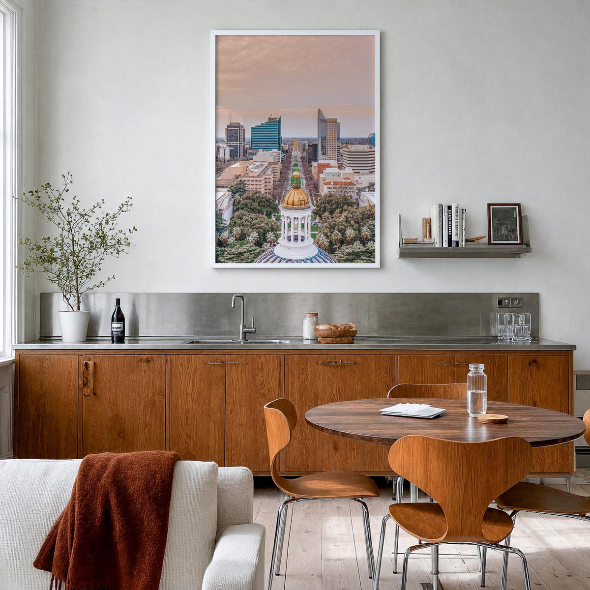 Sacramento no. 1 colorful photo poster of California, USA – vertical wall art in white wood frame, hanging on wall