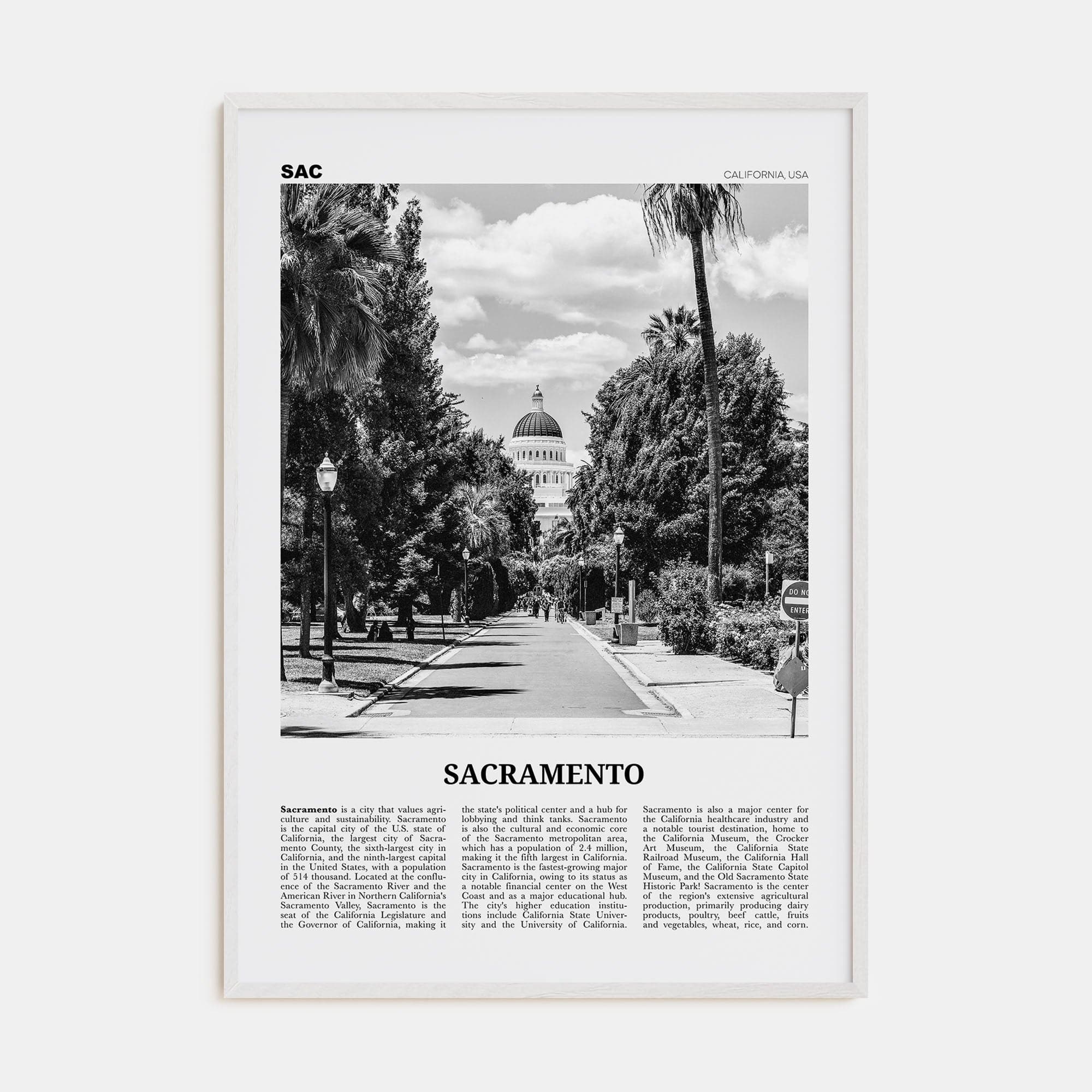 Sacramento No 1 Poster White Wood / 8x12 in Nbourhood Travel B&W Poster