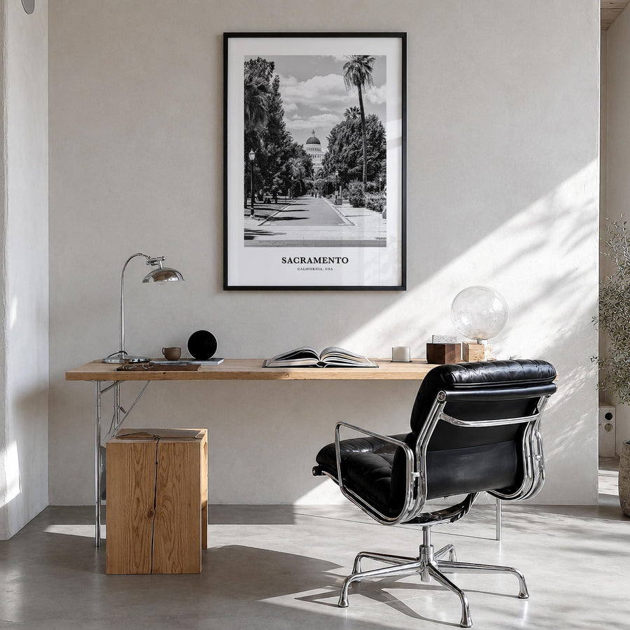 Sacramento no. 2 black & white classic poster of California, USA – vertical wall art in black wood frame, hanging on wall