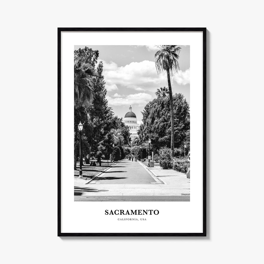 Sacramento no. 2 black & white classic poster of California, USA – vertical wall art, unframed print shown in interior mockup