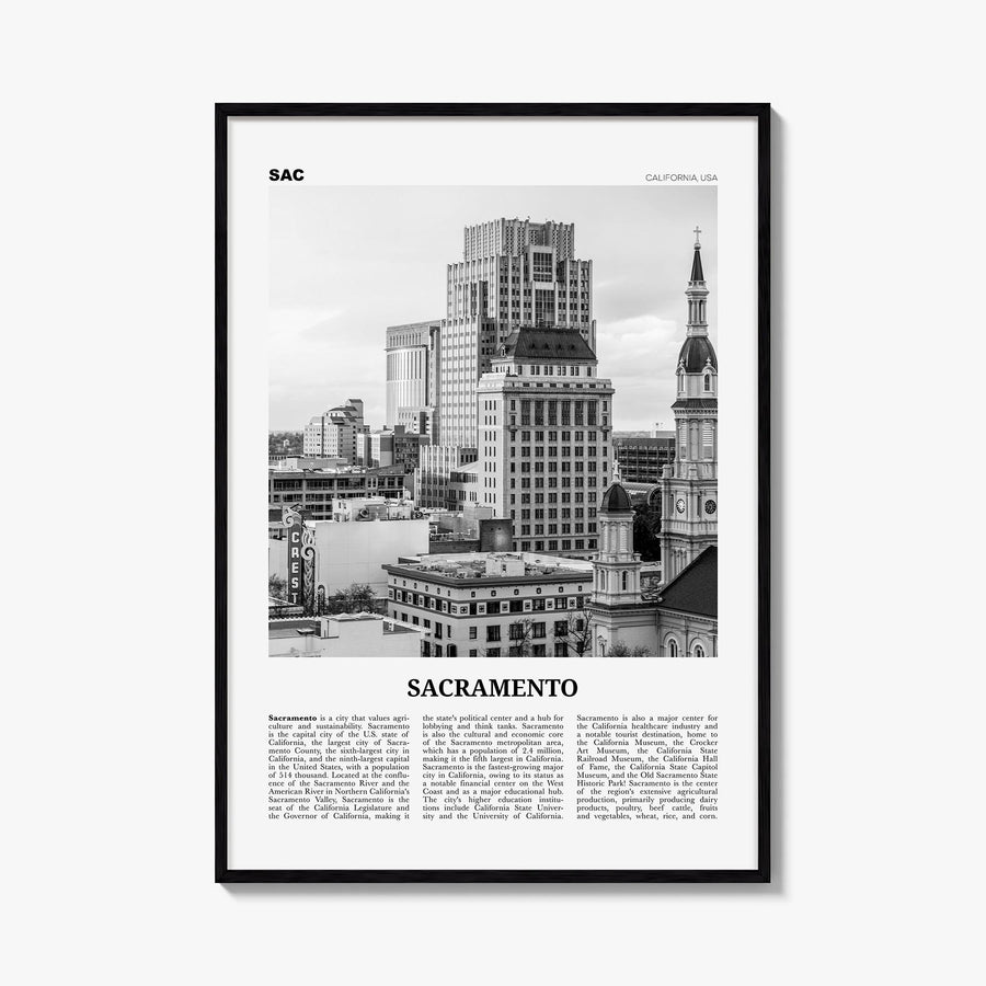 Sacramento no. 2 black & white newspaper poster of California, USA – vertical wall art, unframed print shown in interior mock