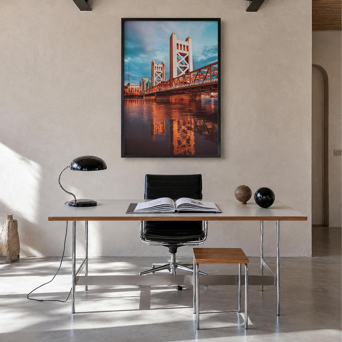 Sacramento no. 2 colorful photo poster of California, USA – vertical wall art in black wood frame, hanging on wall