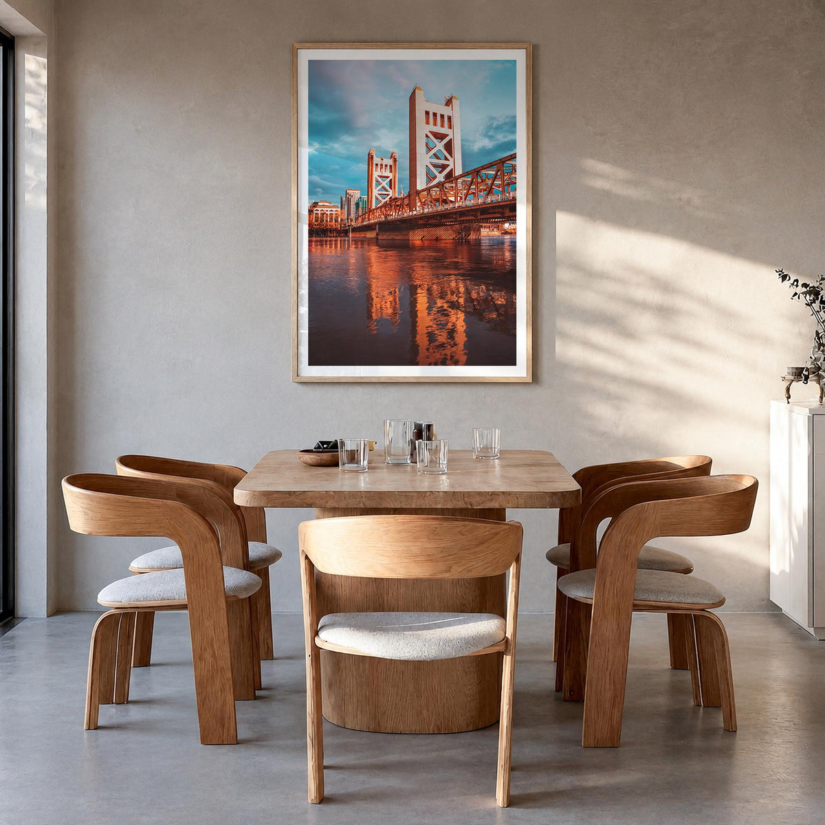 Sacramento no. 2 colorful photo poster of California, USA – vertical wall art in natural wood frame with white border, hangin