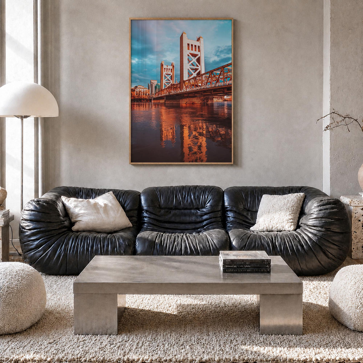 Sacramento no. 2 colorful photo poster of California, USA – vertical wall art in natural wood frame, hanging on wall
