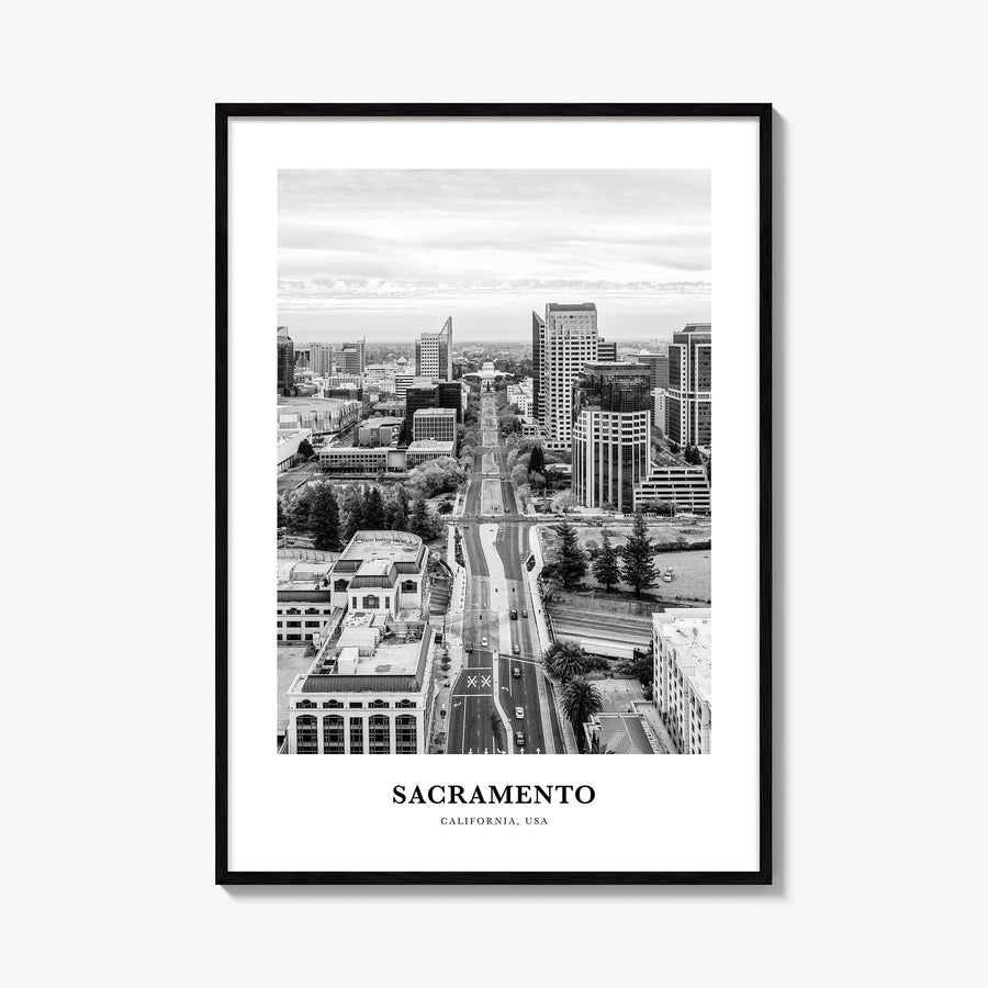 Sacramento no. 3 black & white classic poster of California, USA – vertical wall art, unframed print shown in interior mockup